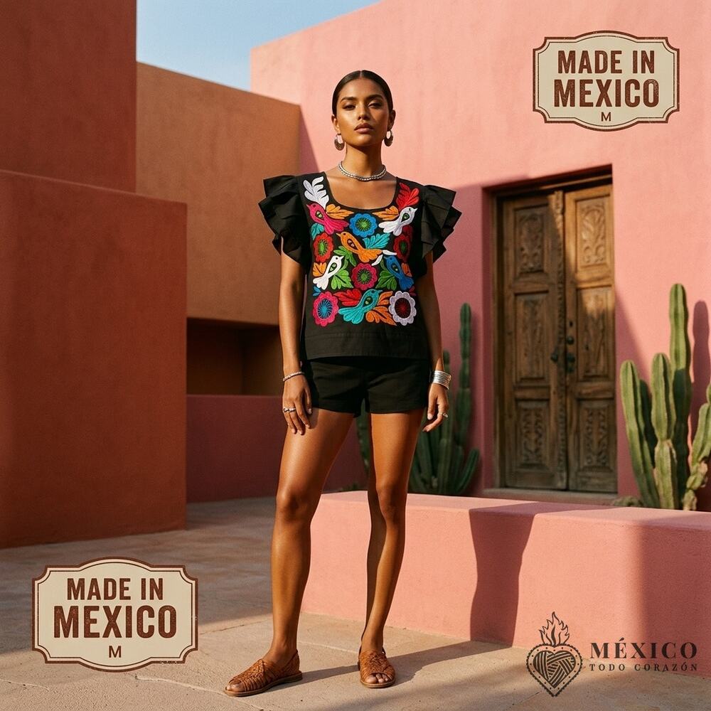 Traditional Mexican Huipil style Blouse – Handmade Embroidered Manta Top S M